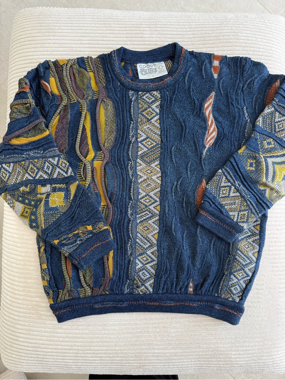 COOGI Men's Navy Multi-Pattern Cable Knit Crewneck Sweater